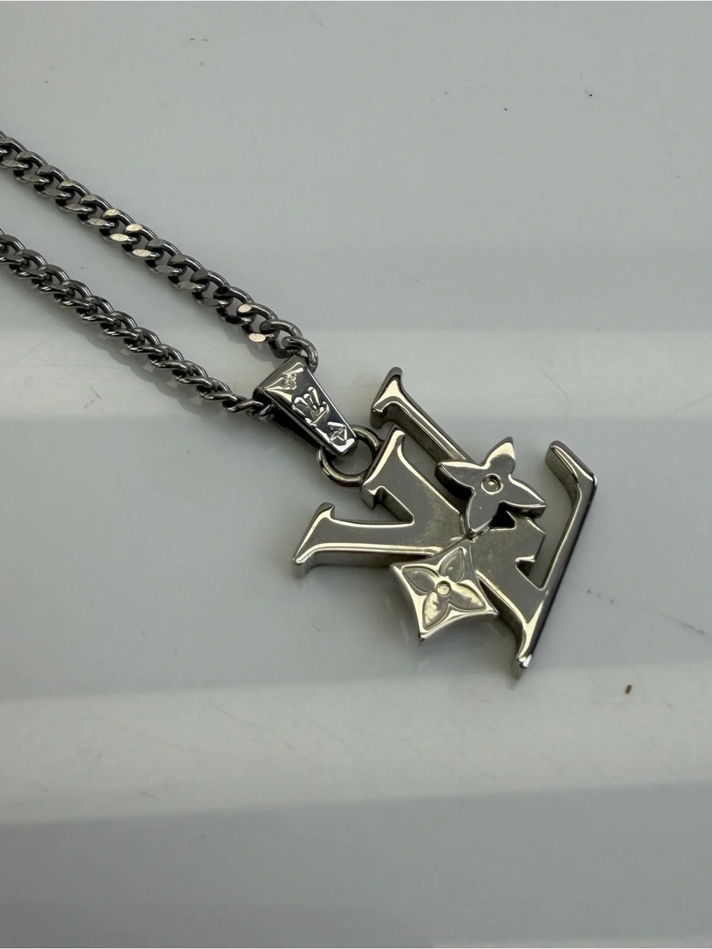 Louis Vuitton Silver LV Monogram Row Pendant Necklace